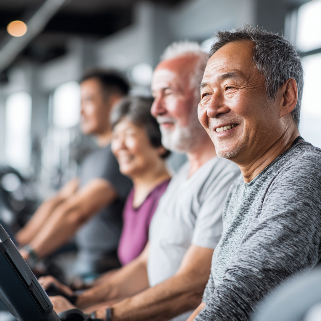 Smiling Kazakh adults of various ages engaged in fitness activities in a modern gym setting