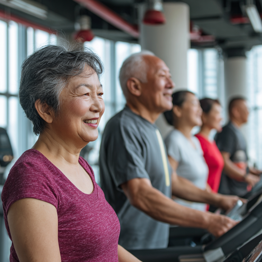 Diverse group of smiling Kazakh adults in athletic wear demonstrating proper exercise form and technique