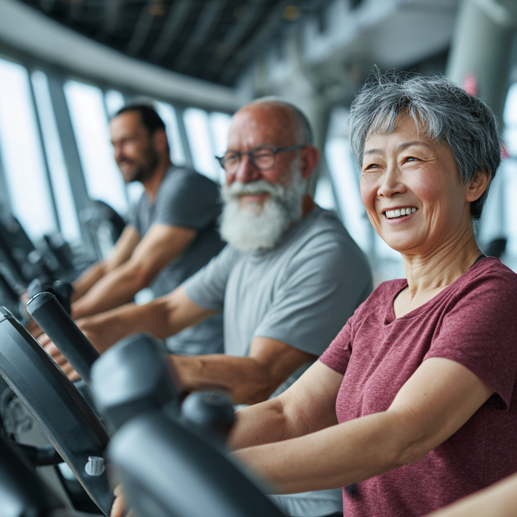 Happy and confident Kazakh adults of various ages showing healthy lifestyle and fitness progress in a modern gym environment